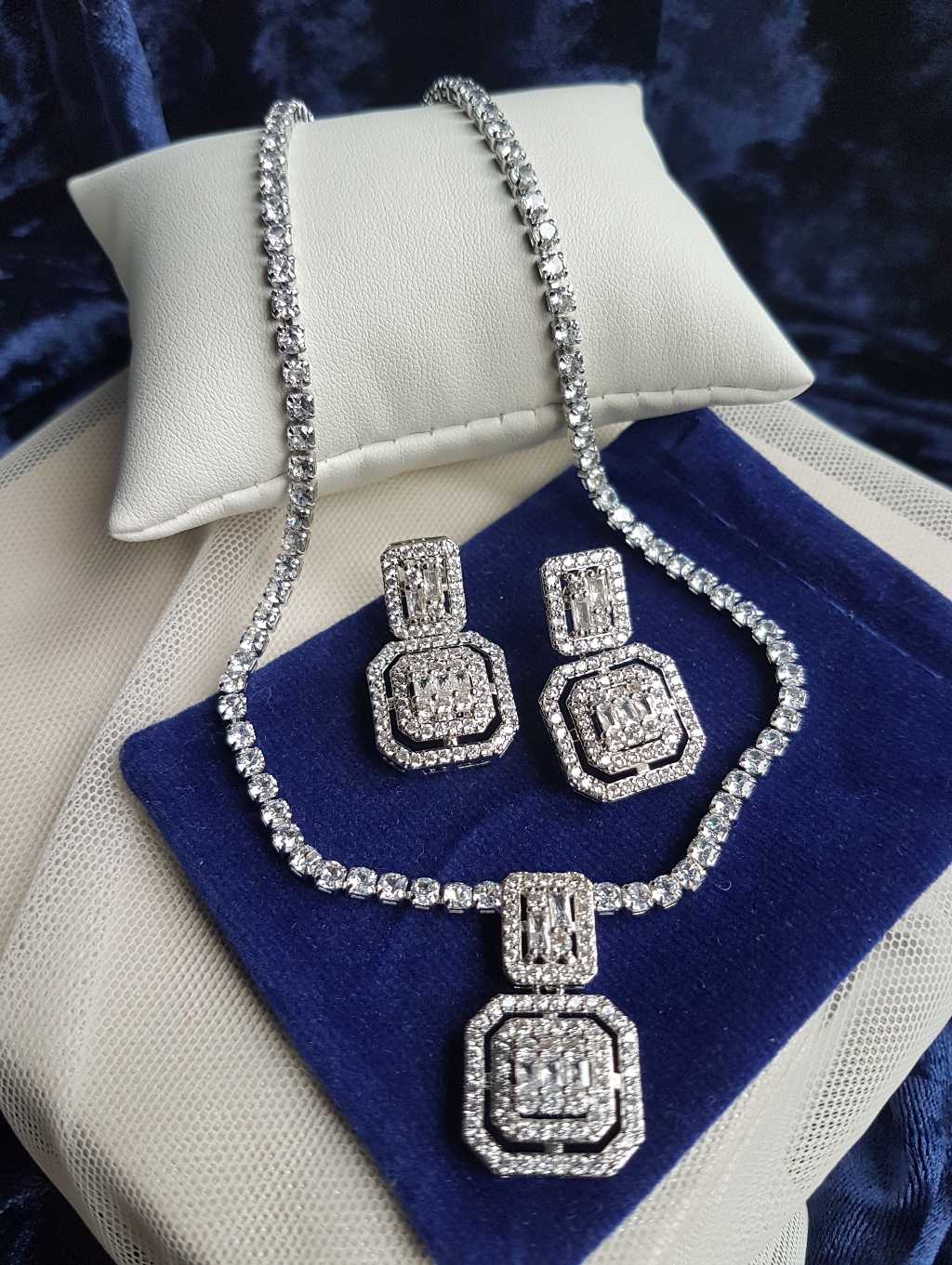 Swarovski Elements Platinum Tennis Necklace With Square Studded Halo Pendant New